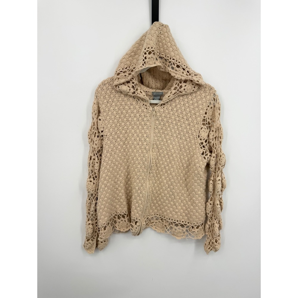Loulou Crochet Knit Hoodie Women 18/20 Beige Ramie Cotton Zip Up Open Work Boho